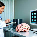 **

"A medical professional, wearing a lab coat and stethoscope, examining a brain-machine interface device. The device is sleek and modern, displayed on a table in a brightly lit hospital room. Patients are interacting positively with similar devices in the background. Fully clothed, professional setting, safe for work, perfect anatomy, correct proportions, appropriate content, family-friendly. Realistic rendering, high resolution, detailed textures."

**