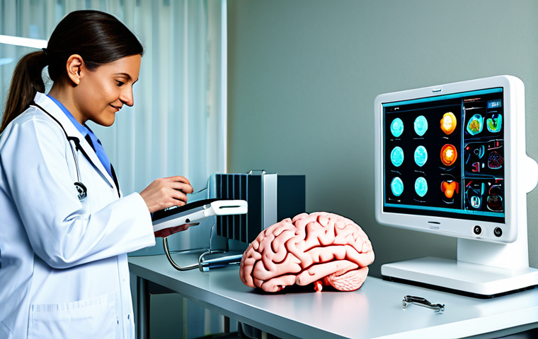 **
"A medical professional, wearing a lab coat and stethoscope, examining a brain-machine interface device. The device is sleek and modern, displayed on a table in a brightly lit hospital room. Patients are interacting positively with similar devices in the background. Fully clothed, professional setting, safe for work, perfect anatomy, correct proportions, appropriate content, family-friendly. Realistic rendering, high resolution, detailed textures."
**