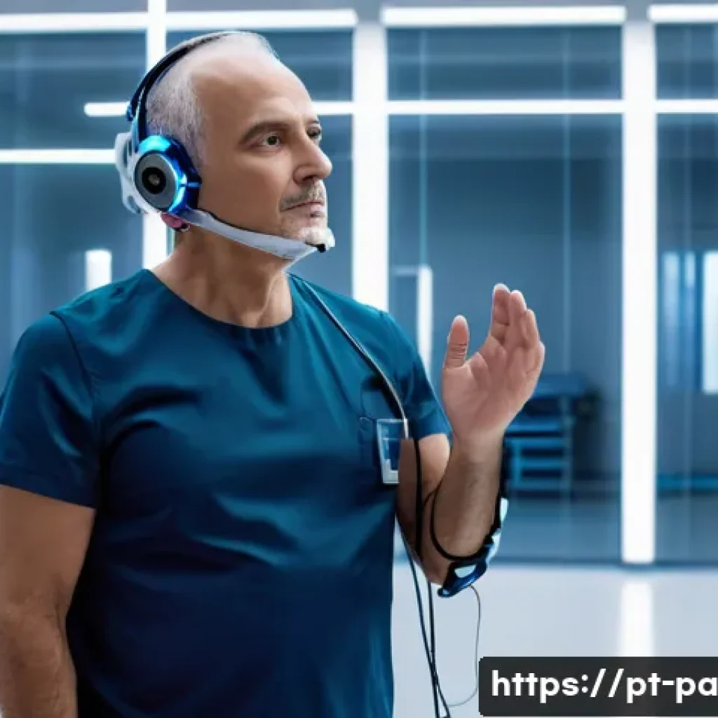 뉴럴 인터페이스의 활용 방안과 미래 전망 - A futuristic medical rehabilitation scene featuring a middle-aged Brazilian stroke patient wearing m...