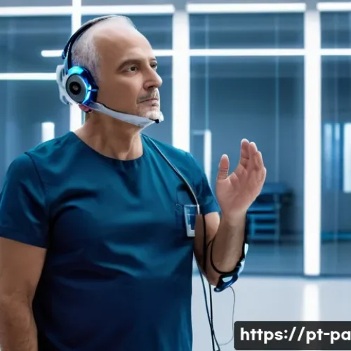 Home 32 뉴럴 인터페이스의 활용 방안과 미래 전망 - A futuristic medical rehabilitation scene featuring a middle-aged Brazilian stroke patient wearing m...