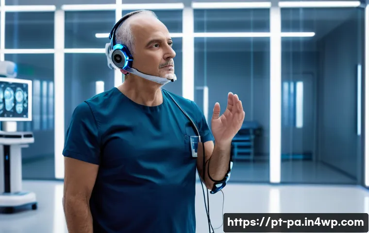 뉴럴 인터페이스의 활용 방안과 미래 전망 - A futuristic medical rehabilitation scene featuring a middle-aged Brazilian stroke patient wearing m...