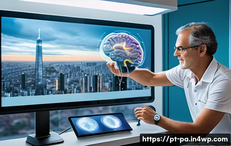 뉴럴 인터페이스의 향후 발전 방향 - A detailed and futuristic laboratory scene showcasing a Brazilian neuroscientist fitting a flexible,...
