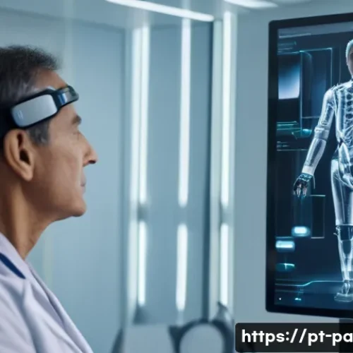 Home 30 뉴럴 인터페이스의 비즈니스 모델 연구 - A futuristic medical rehabilitation scene showing a middle-aged Brazilian patient wearing high-tech ...