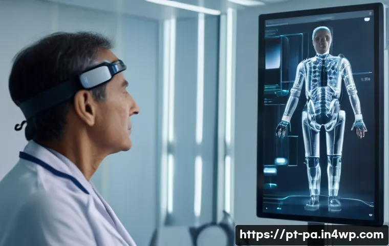 뉴럴 인터페이스의 비즈니스 모델 연구 - A futuristic medical rehabilitation scene showing a middle-aged Brazilian patient wearing high-tech ...