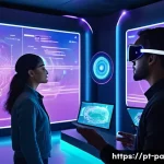 Home 23 뉴럴 인터페이스와 VR AR 기술의 시너지 - A futuristic scene showing a diverse group of people in a high-tech room wearing sleek neural interf...