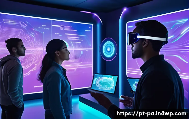 뉴럴 인터페이스와 VR AR 기술의 시너지 - A futuristic scene showing a diverse group of people in a high-tech room wearing sleek neural interf...